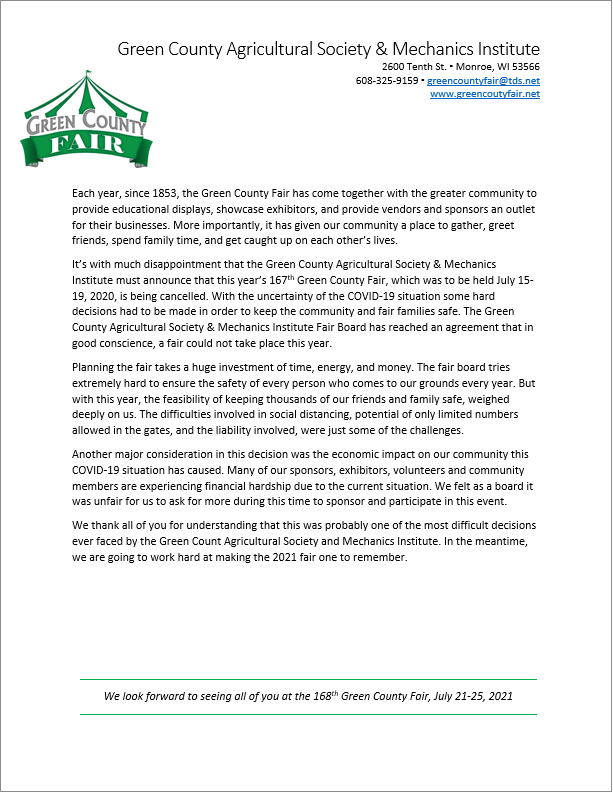 2020 Green County Fair Press Release